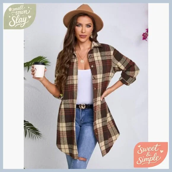 Women's Flannel Button-Down Shirt Long Sleeve Loose Fit Plaid Top - Picture 4 of 7